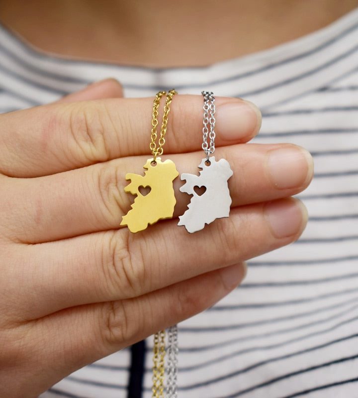 Irish Map Necklace with Heart Cutout – Gold & Silver Plated