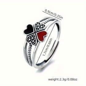 Women's Four-Leaf Clover Enamel Ring with Red Heart Accent