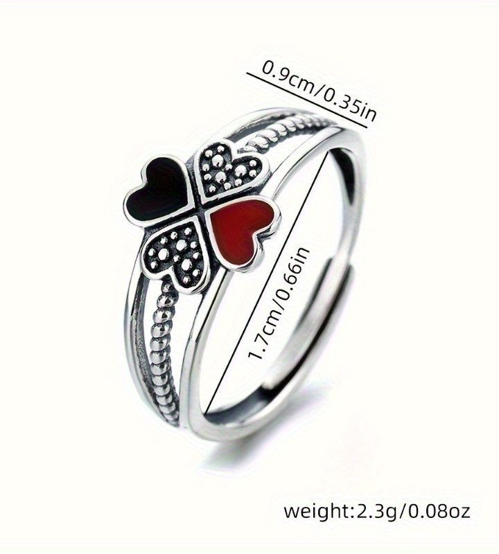 Women's Four-Leaf Clover Enamel Ring with Red Heart Accent