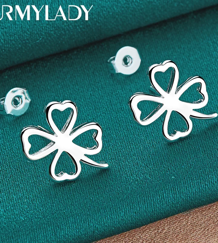 URMYLADY 925 Sterling Silver Four-Leaf Clover Stud Earrings