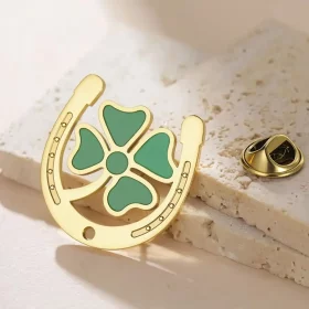 Dawapara Irish Good Luck Horseshoe Green Clover Brooch Pin