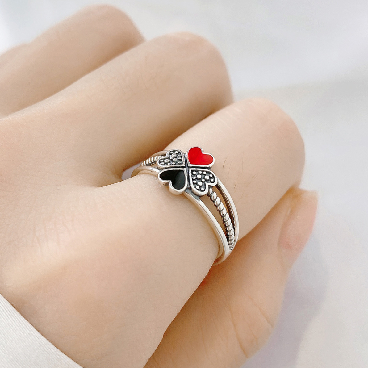 Women's Four-Leaf Clover Enamel Ring with Red Heart Accent Women's Four-Leaf Clover Enamel Ring with Red Heart Accent
