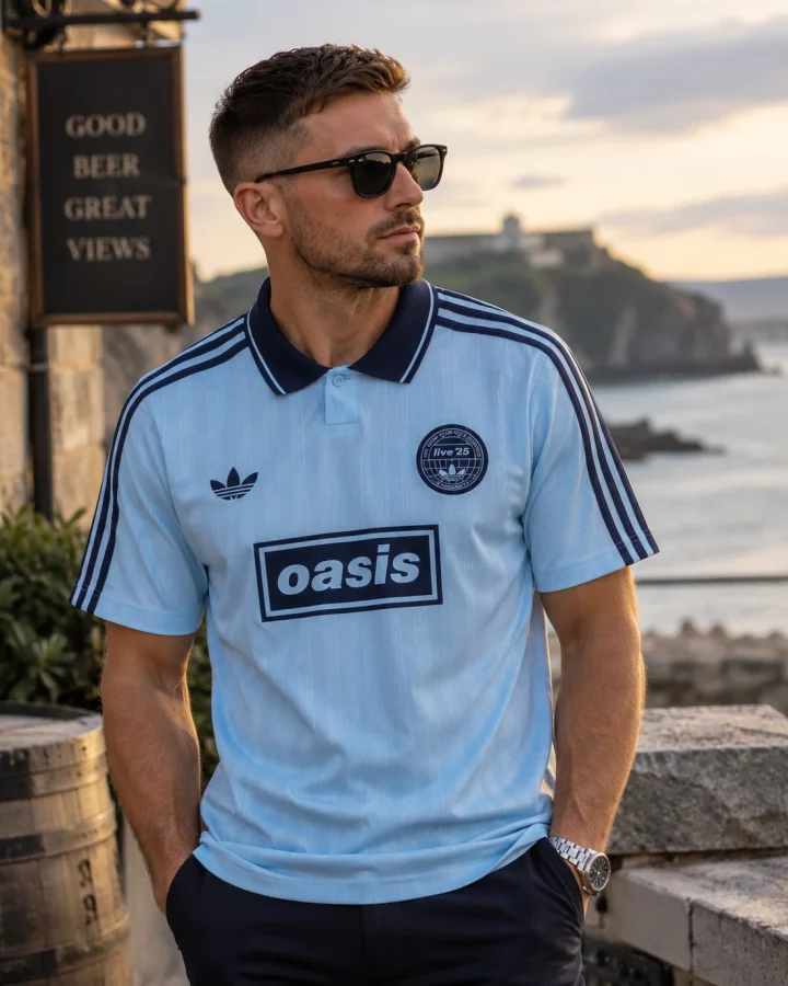 Oasis x Adidas Tour Jersey Blue worn by a model