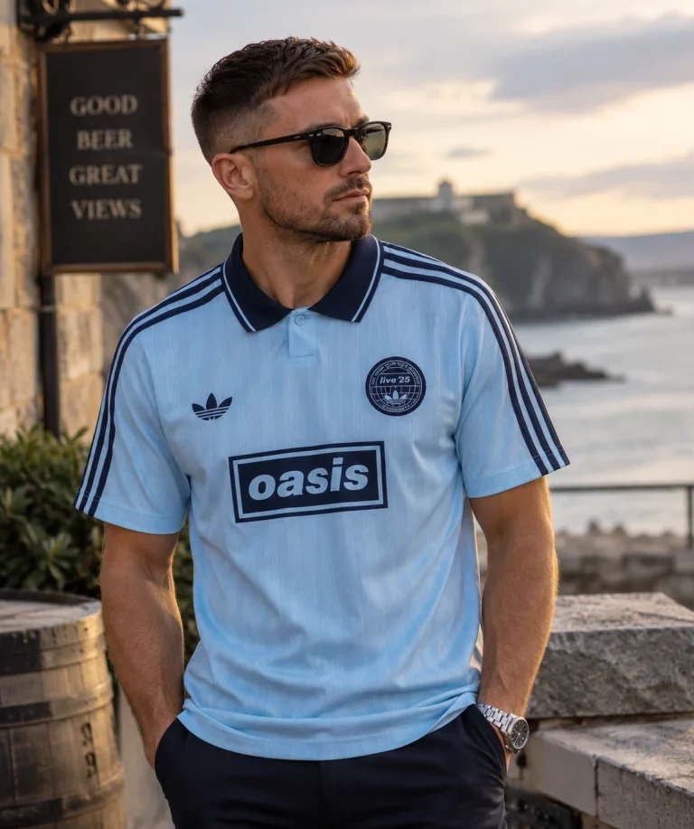 Oasis x Adidas Tour Jersey Blue worn by a model