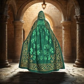 Elegant Irish Celtic Cloak Cape – Green & Golden Shamrock Pattern