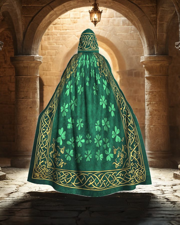 Elegant Irish Celtic Cloak Cape – Green & Golden Shamrock Pattern