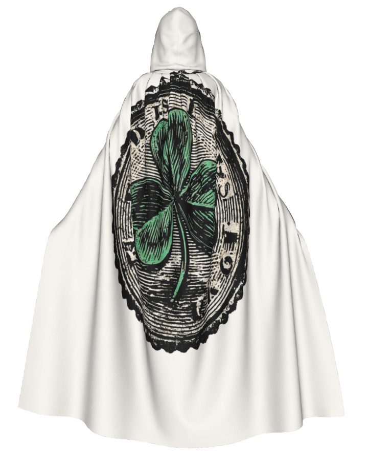 Elegant White & Gold Cloak with Four-Leaf Clover & Celtic Knot Design