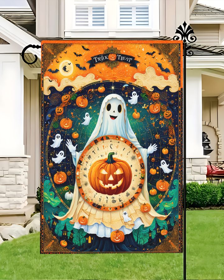 Halloween Garden Flag - Spooky Ghosts, Pumpkin & Bats Design