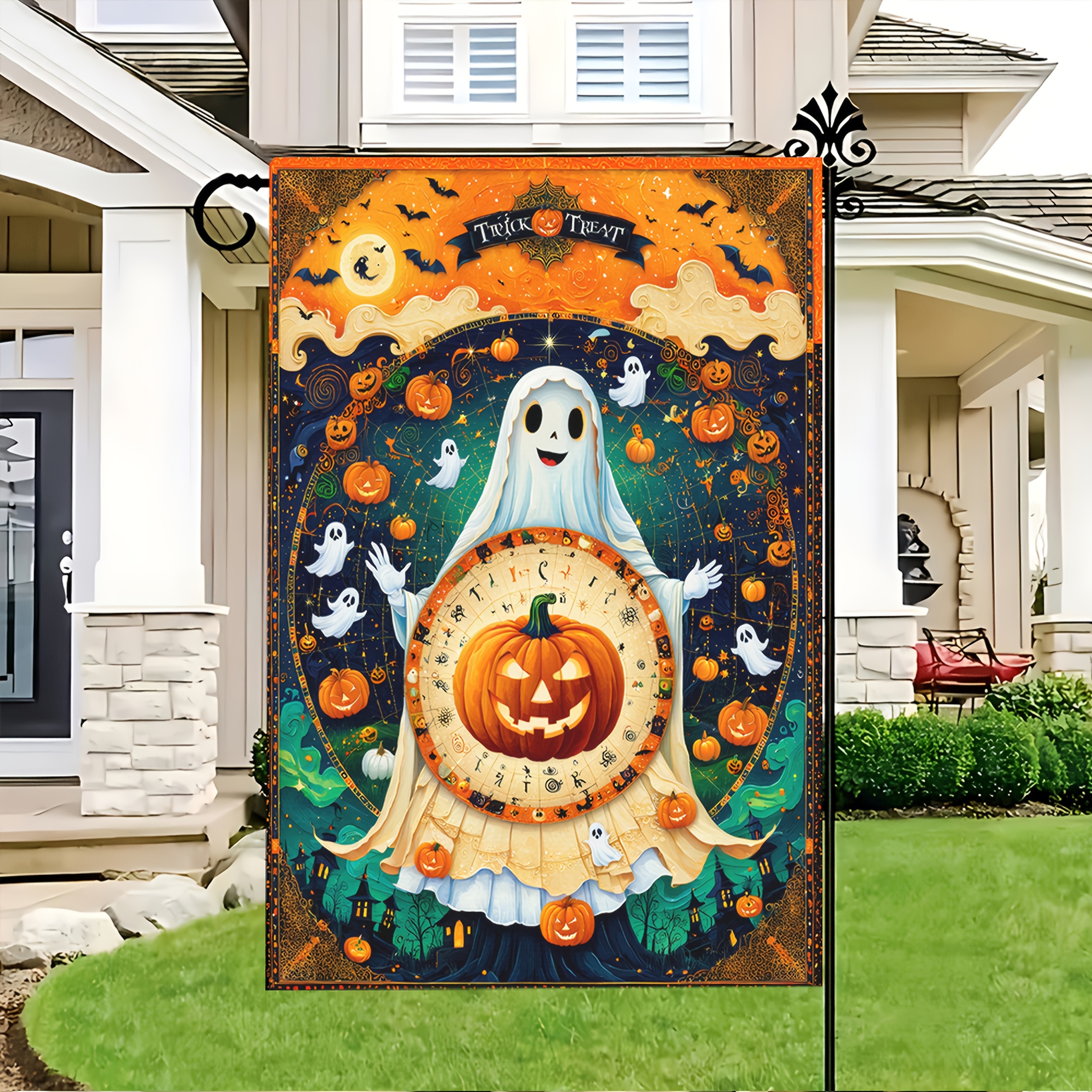 Halloween Garden Flag - Spooky Ghosts, Pumpkin & Bats Design Halloween Garden Flag - Spooky Ghosts, Pumpkin & Bats Design