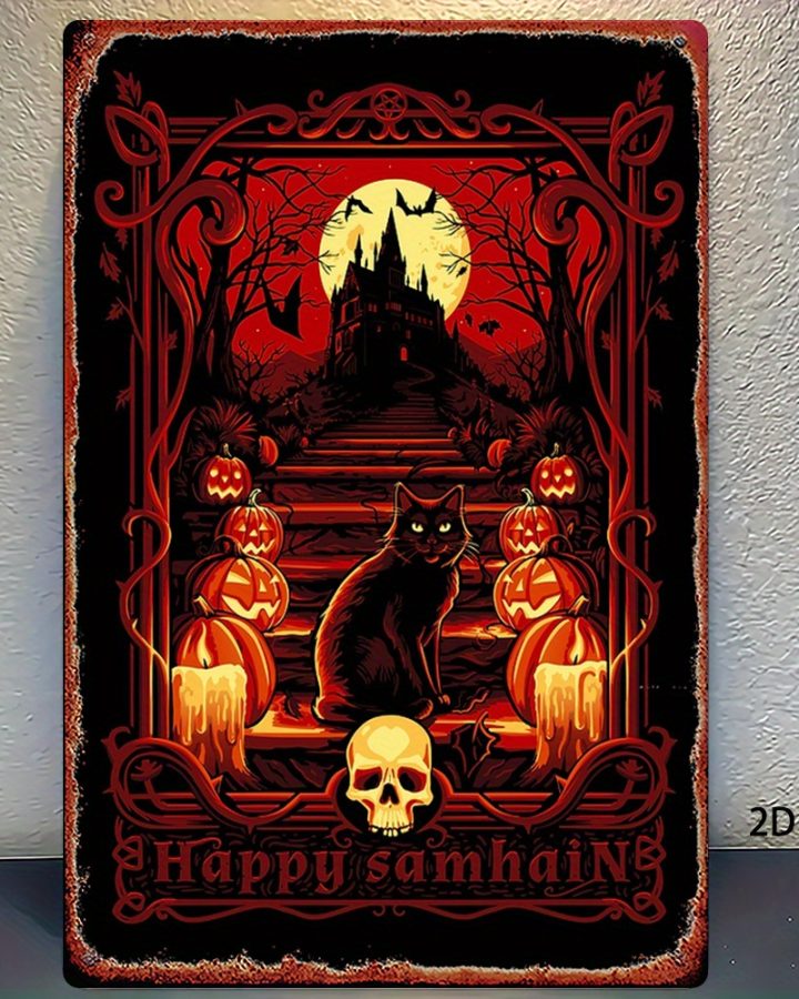 Happy Samhain Metal Sign - 2D Flat Gothic Halloween Decor