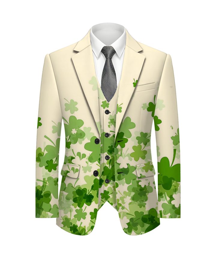 Men’s Irish Clover Print Suit Set – Green Vest, Pants, Jacket