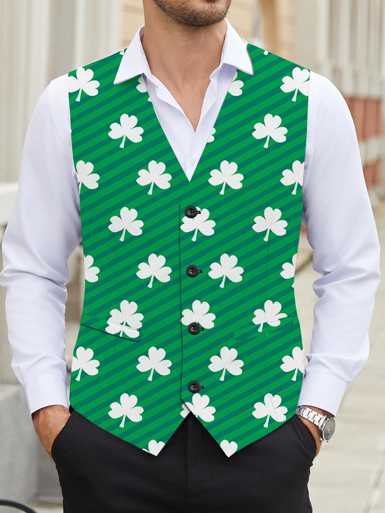 Men’s St. Patrick’s Day Clover Print V-Neck Vest Men’s St. Patrick’s Day Clover Print V-Neck Vest