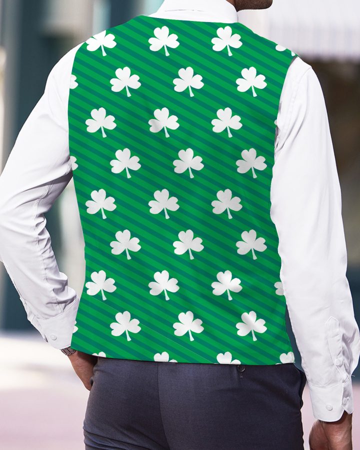 Men’s St. Patrick’s Day Clover Print V-Neck Vest – White Buttons, Black Bow Tie