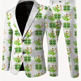 Men’s St. Patrick’s Day Suit – Shamrock & Golden Bow, Polyester Blend