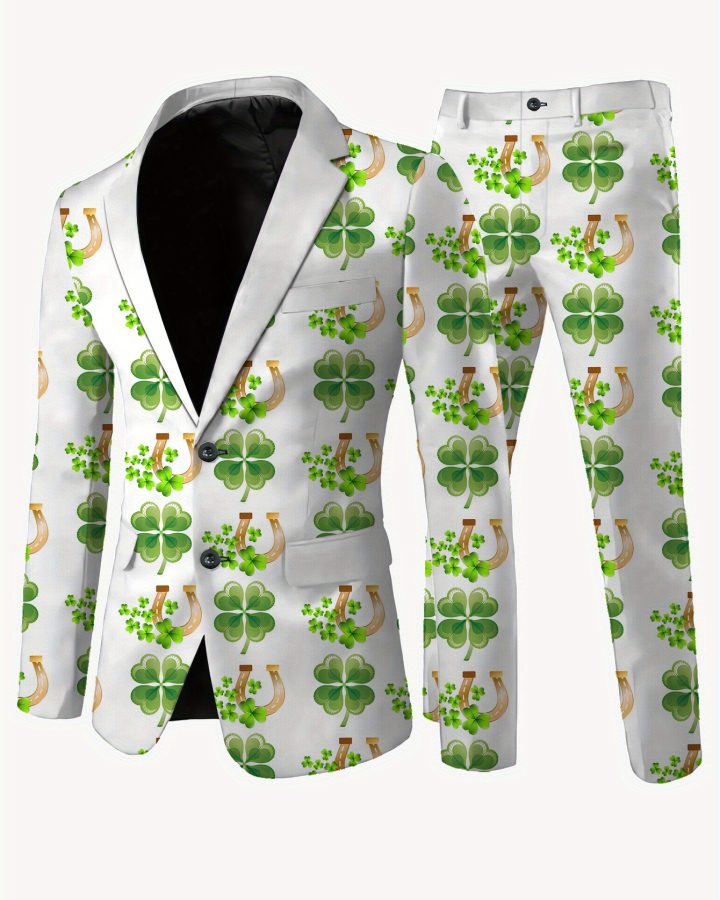 Men’s St. Patrick’s Day Suit – Shamrock & Golden Bow, Polyester Blend