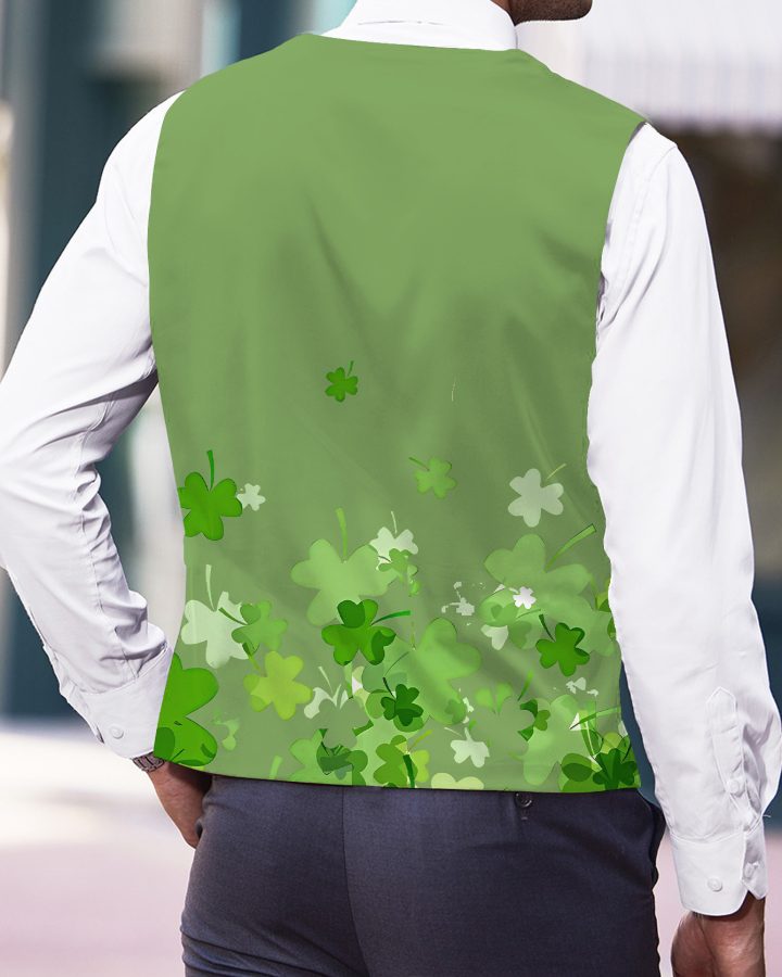 Men's Stylish Green V-Neck Vest with Shamrock Print