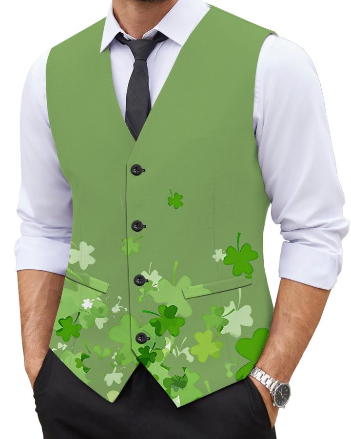 Men's Stylish Green V-Neck Vest with Shamrock Print