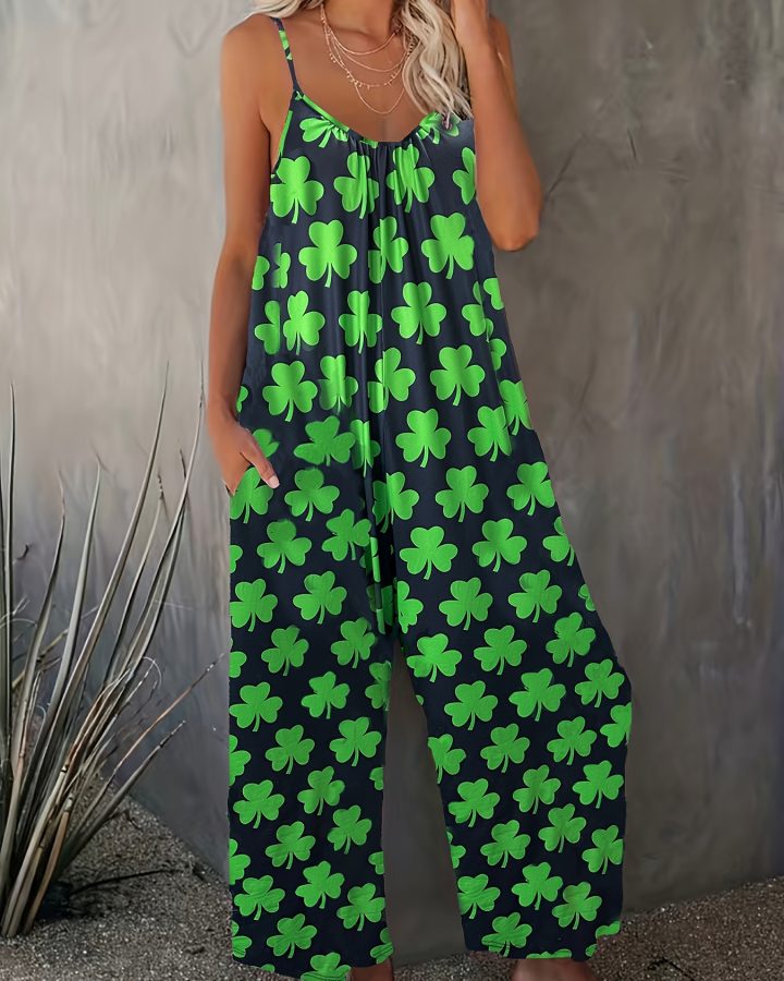St. Patrick’s Day Clover Print Pleated Jumpsuit – Wide Leg, Drawstring Waist, Pockets