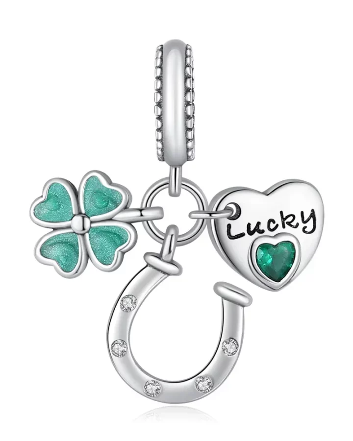 Sterling Silver Charms Green Four Leaf Clover Horseshoe Bead Earring