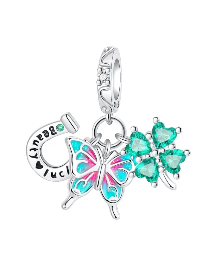 Lucky 925 Silver Four Leaf Clover Horseshoe Charm Bead