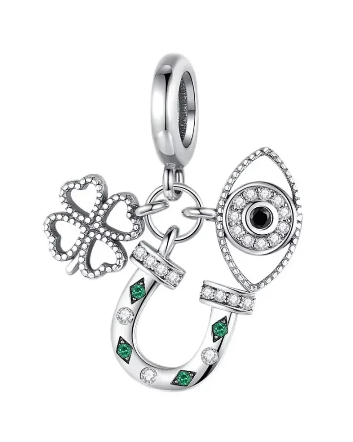 Lucky 925 Sterling Silver Charms Green Four Leaf Clover Horseshoe Bead Earrings