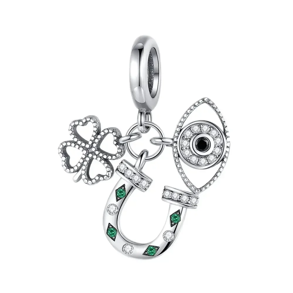 Lucky 925 Sterling Silver Charms Green Four Leaf Clover Horseshoe Bead Earrings Lucky 925 Sterling Silver Charms Green Four Leaf Clover Horseshoe Bead Earrings