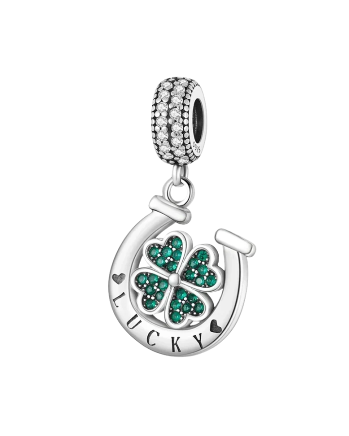 Lucky 925 Sterling Silver Four Leaf Clover Horseshoe Charm Bead