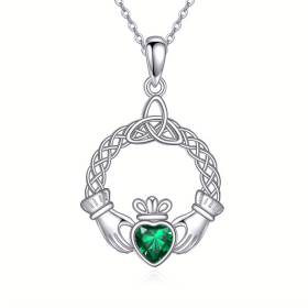 Sterling Silver CZ Green Claddagh Necklace