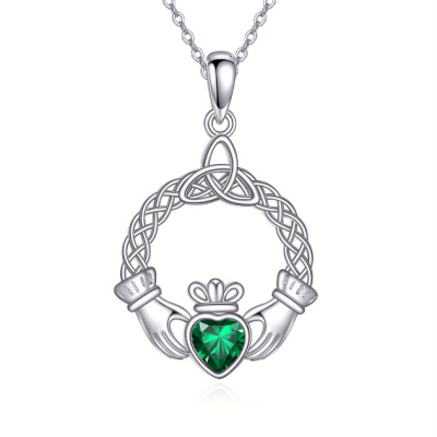Sterling Silver CZ Green Claddagh Necklace
