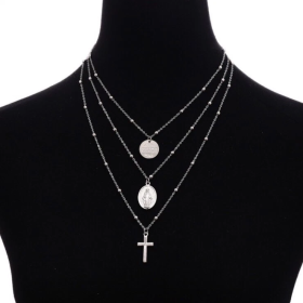 Virgin Mary & Jesus Cross 3-Layer Necklace