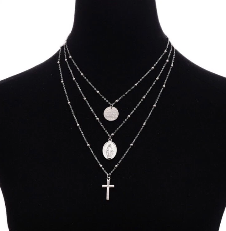 Virgin Mary & Jesus Cross 3-Layer Necklace