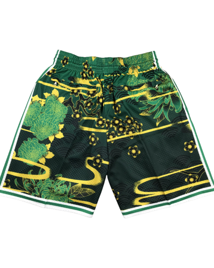 Boston Celtics Floral Print 2024-25 Green And Yellow Shorts (1)