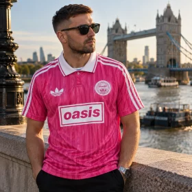 Oasis x Adidas Tour Jersey Pink worn by a model