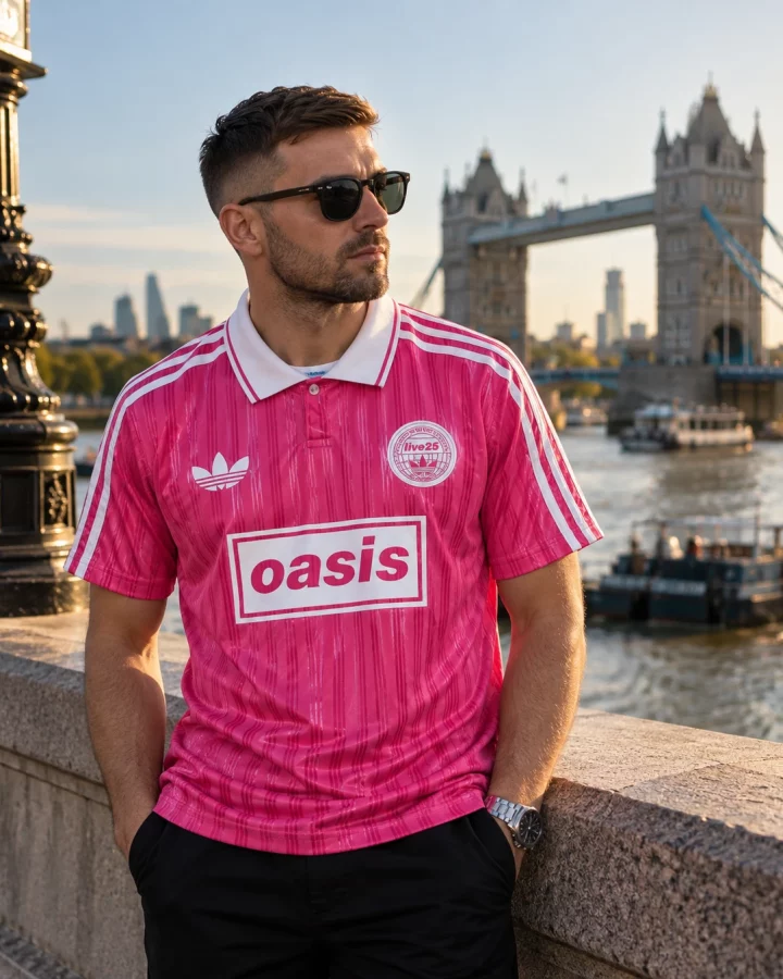 Oasis x Adidas Tour Jersey Pink worn by a model