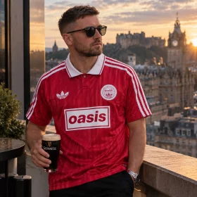 Oasis x Adidas Tour Jersey Red worn by a model