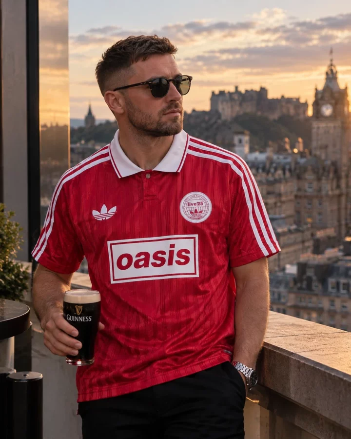 Oasis x Adidas Tour Jersey Red worn by a model