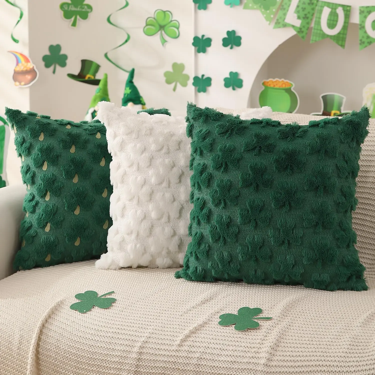 St Patrick's Day Shamrock Pillow Covers (45 x 45 cm) — Set of 2 Texture detail of plush polyester fabric