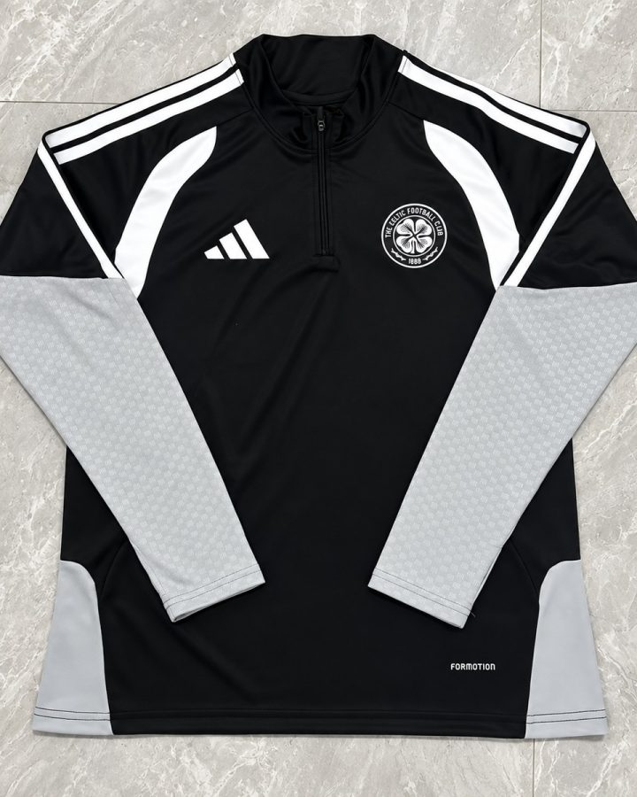 Black long-sleeve Celtic quarter-zip training top with light-grey sleeves