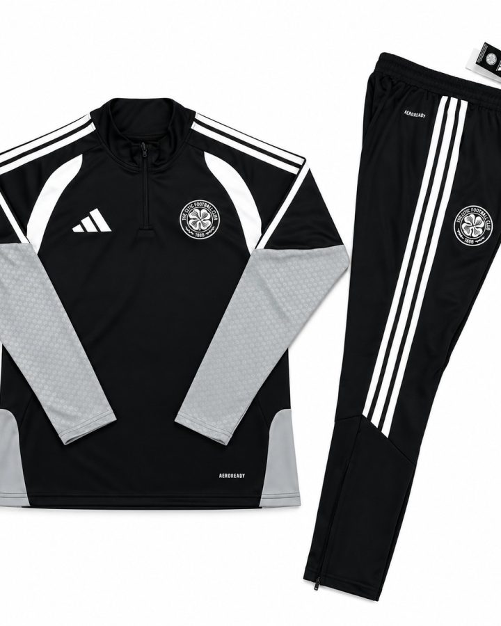 Celtic black training tracksuit: black and grey quarter-zip top and black trousers