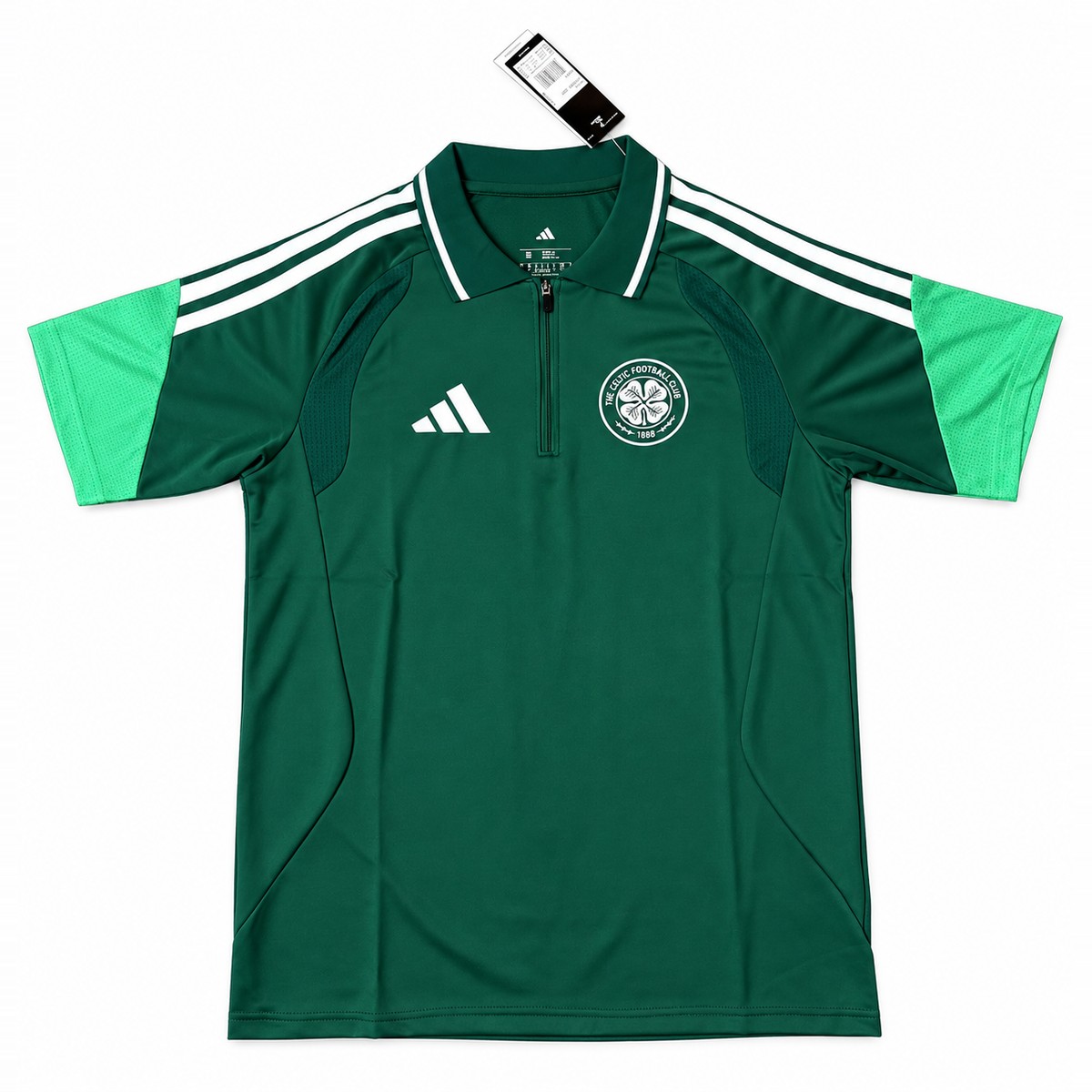 Celtic Green Quarter-Zip Training Polo Green Celtic quarter-zip training polo with light-green sleeves