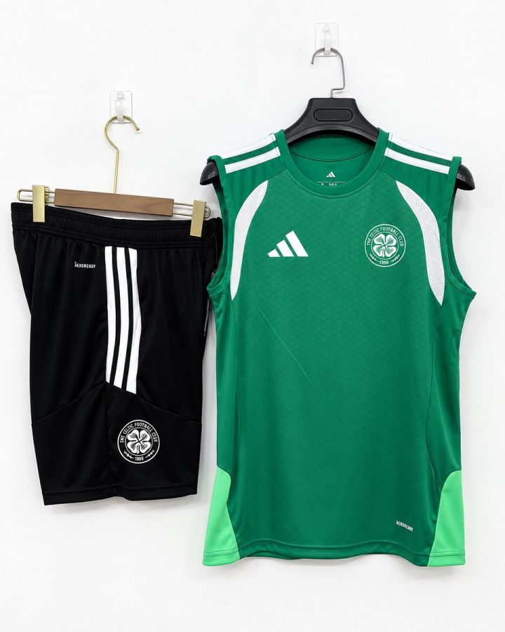 Green sleeveless Celtic training top with matching black shorts