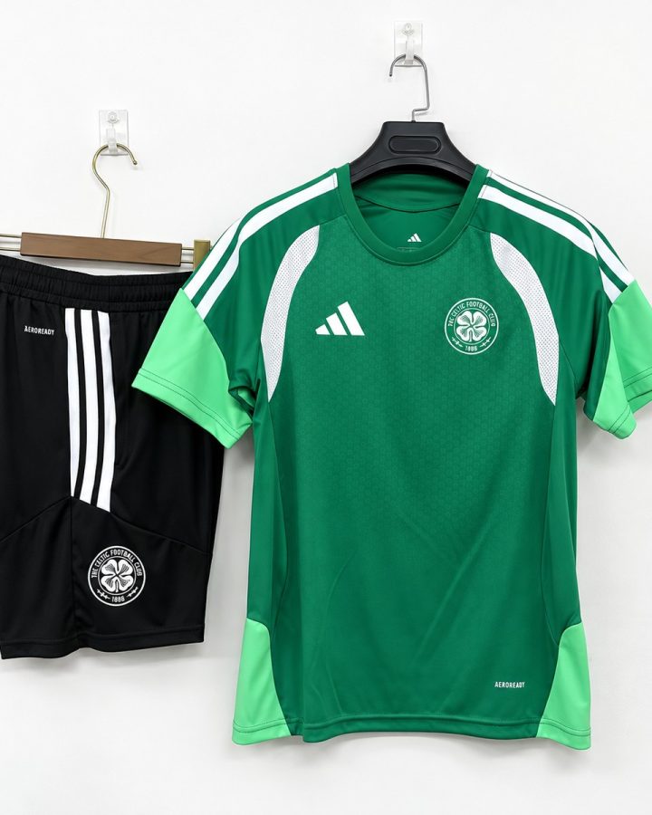 Celtic green training shirt with matching black shorts