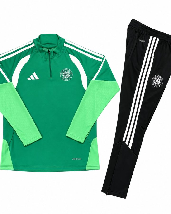 Celtic green training tracksuit: green quarter-zip top and black trousers
