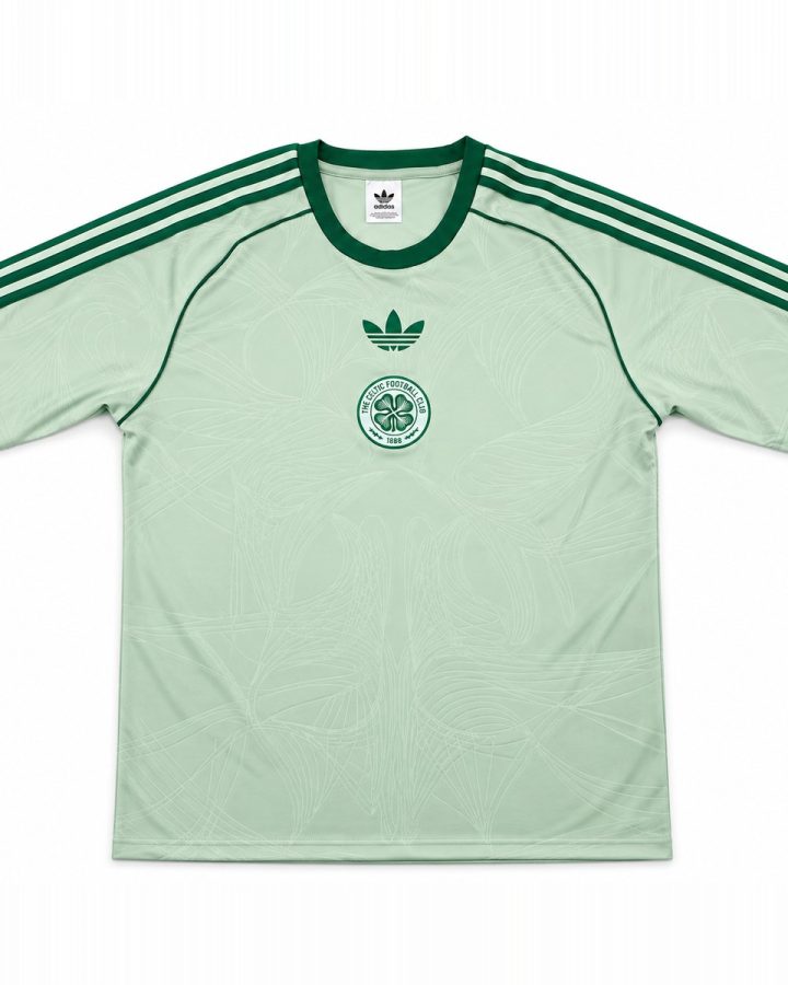 Mint green Celtic heritage t-shirt with dark green stripes and centred crest