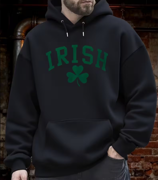 Black Irish clover pullover hoodie, front view