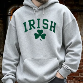 Grey Irish clover pullover hoodie, front view
