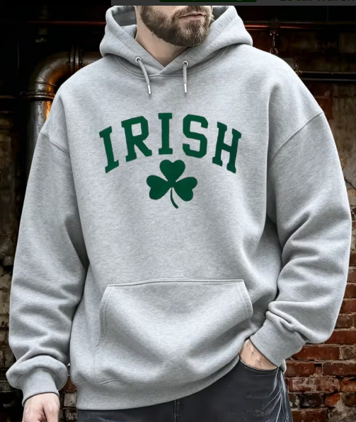 Grey Irish clover pullover hoodie, front view