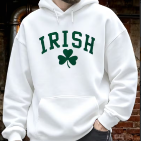 White Irish clover pullover hoodie, front view
