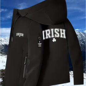 Black Irish clover zip-up windbreaker jacket, angled view