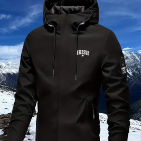 Black Irish clover zip-up windbreaker jacket, front view